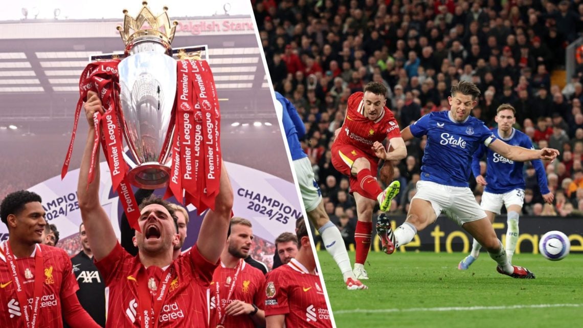 Split image of Liverpool forward Diogo Jota (left) lifting the Premier League title and Diogo Jota (right) scoring winner against Everton at Anfield.