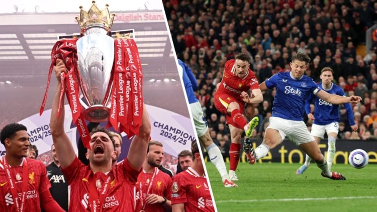 Split image of Liverpool forward Diogo Jota (left) lifting the Premier League title and Diogo Jota (right) scoring winner against Everton at Anfield.