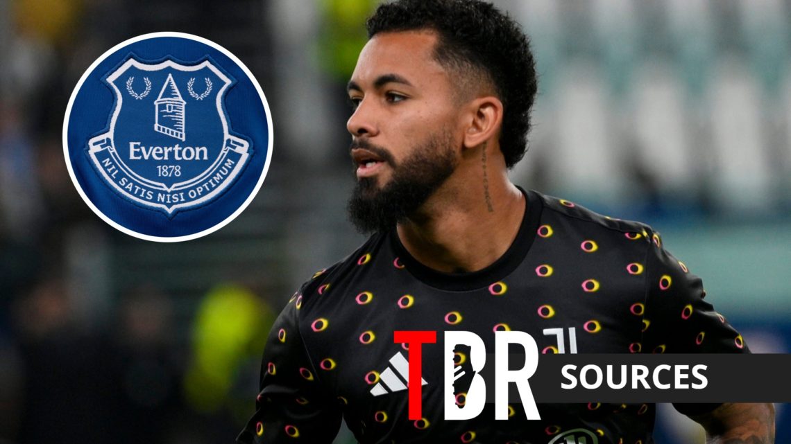 Juventus midfielder Douglas Luiz with inset of Everton badge