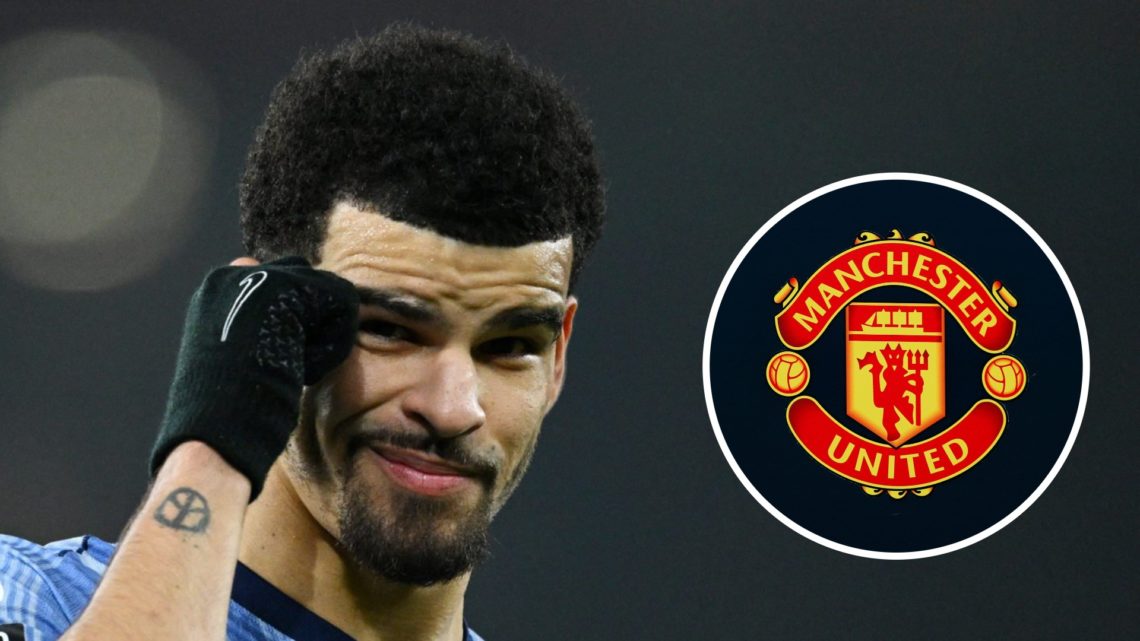 Image of Dominic Solanke looking on during a Tottenham game with an inset of the Manchester United badge