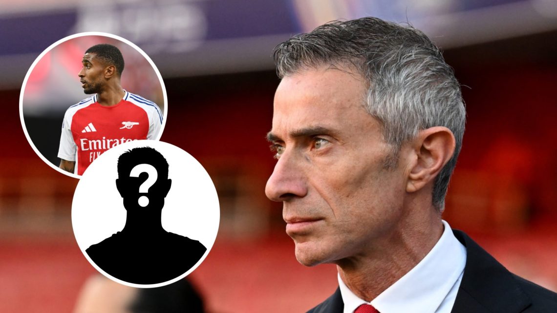 Image of Andrea Berta looking on before an Arsenal game with insets of Reiss Nelson in action for the Gunners and a mystery player