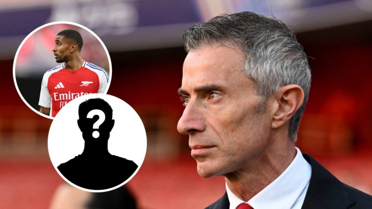 Image of Andrea Berta looking on before an Arsenal game with insets of Reiss Nelson in action for the Gunners and a mystery player