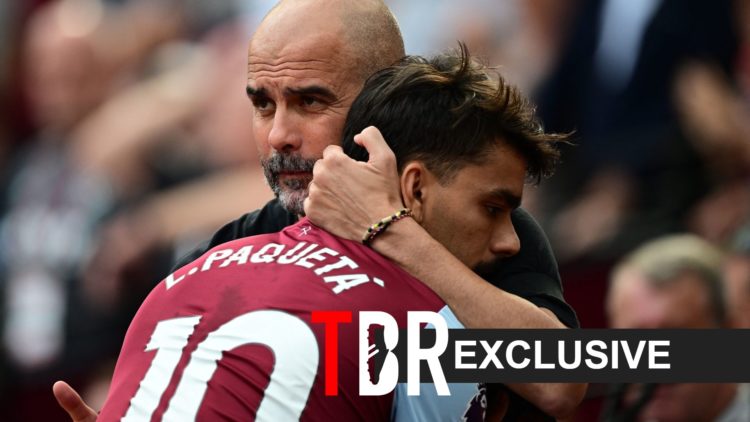 Image of Lucas Paqueta and Pep Guardiola embracing each other before a game between West Ham United and Manchester City, overlaid a TBR Exclusive b...