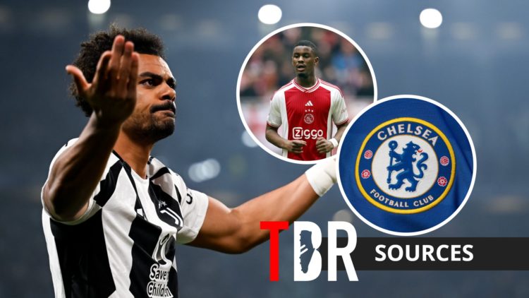 Chelsea defender Renato Veiga with insets of Ajax defender Jorrel Hato and Chelsea badge