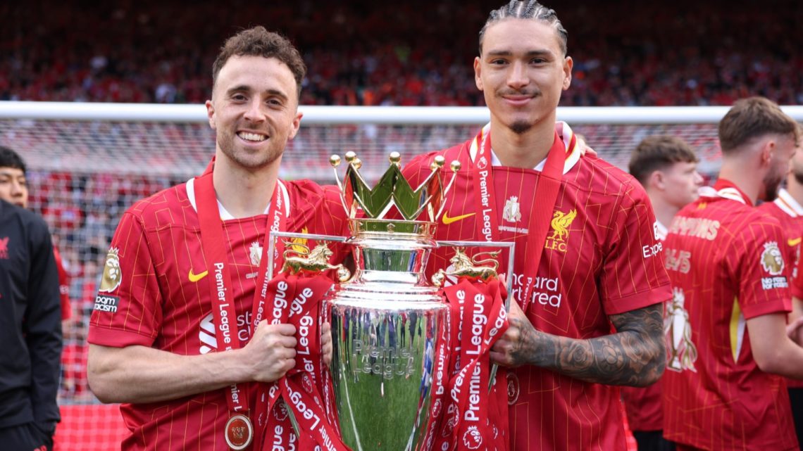 Image of Diogo Jota and Darwin Nunez posing with Premier League trophy