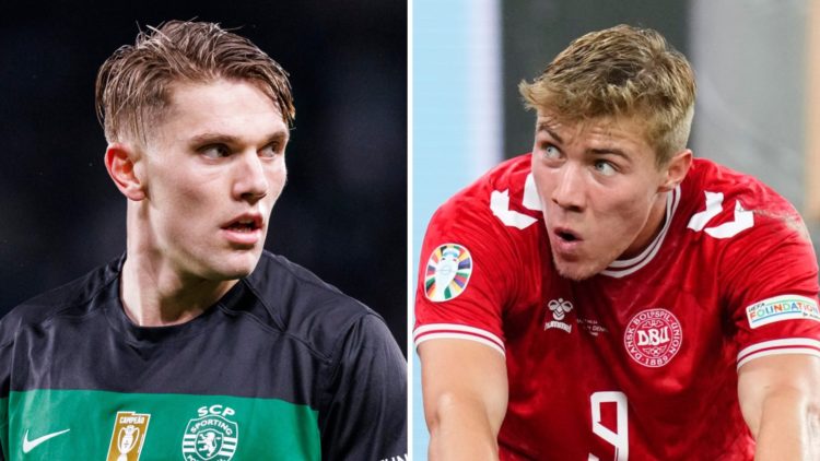 Left: Viktor Gyokeres looks on while playing for Sporting CP in the Portuguese League. Right: Rasmus Hojlund playing for Denmark against Germany at...