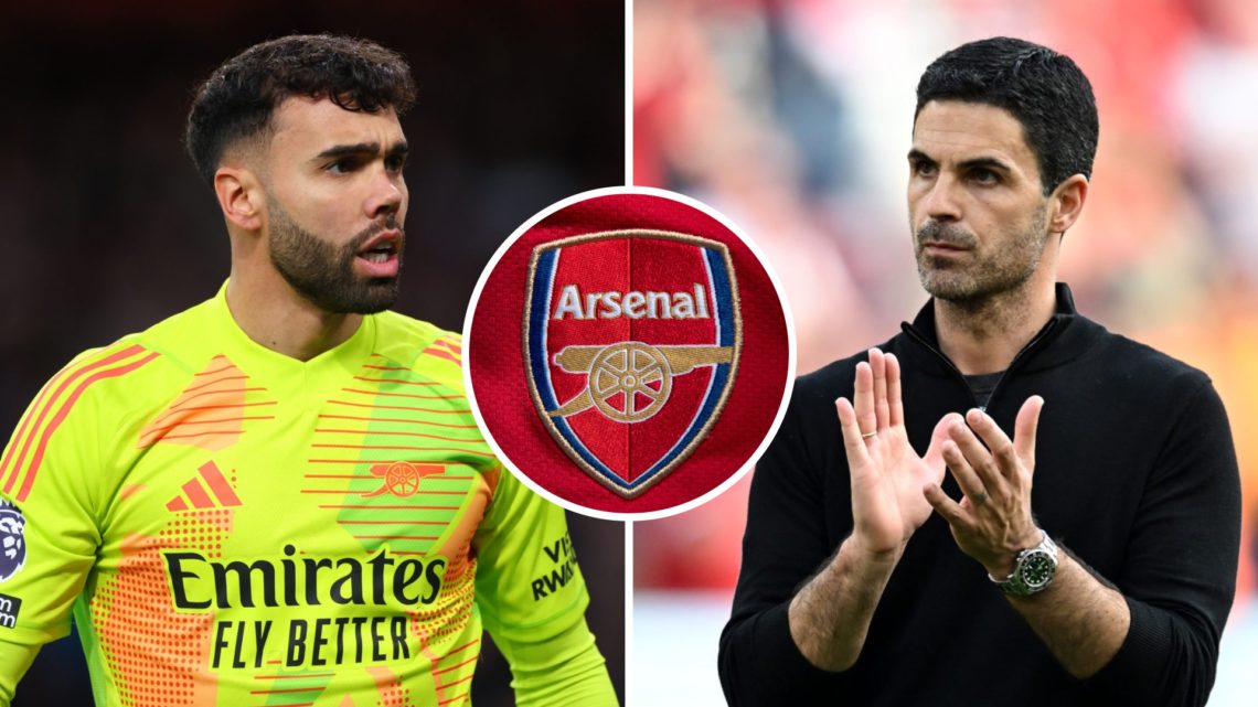 David Raya during a Premier League match for Arsenal. Mikel Arteta applauding the fans after draw against Liverpool. The Arsenal Club Crest.