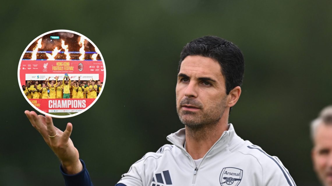 Arsenal manager Mikel Arteta with inset of AC Milan celebrating winning the 2025 Hong Kong Football Festival trophy