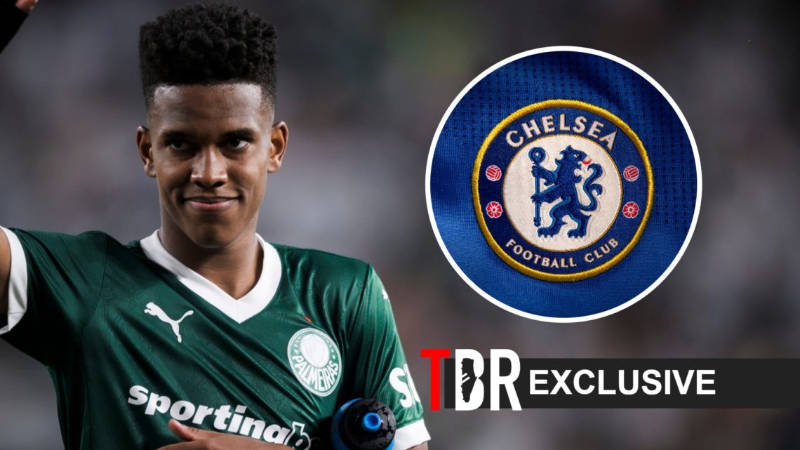 Estevao Willian holds hand up (left) and a Chelsea badge (right)