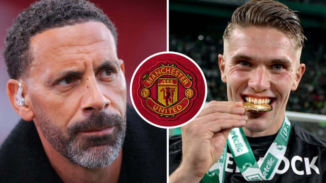 Rio Ferdinand (left) looks on, Viktor Gyokeres celebrates and bites medal (right), Man Utd badge (centre)