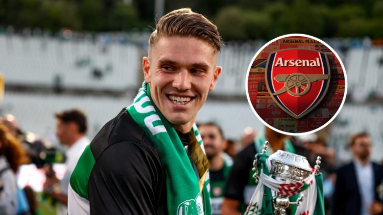 Viktor Gyokeres during his time at Sporting CP with inset of Arsenal badge