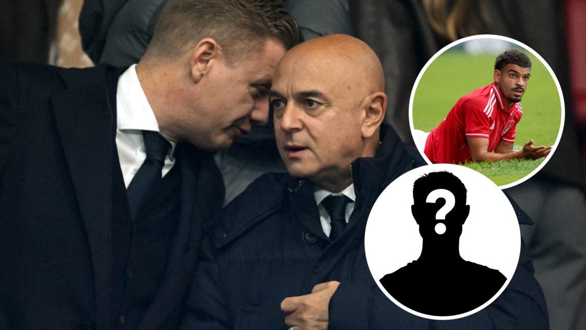 Tottenham Hotspur sporting director Johan Lange and chairman Daniel Levy ahead of Premier League match. Inset of Nottingham Forest's Morgan-Gibbs-W...