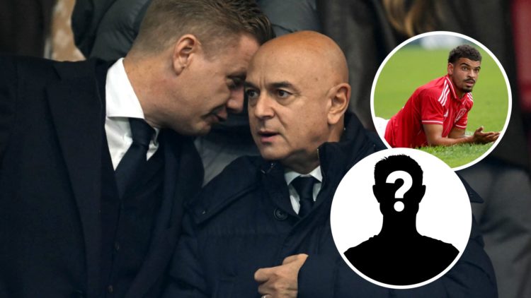 Tottenham Hotspur sporting director Johan Lange and chairman Daniel Levy ahead of Premier League match. Inset of Nottingham Forest's Morgan-Gibbs-W...