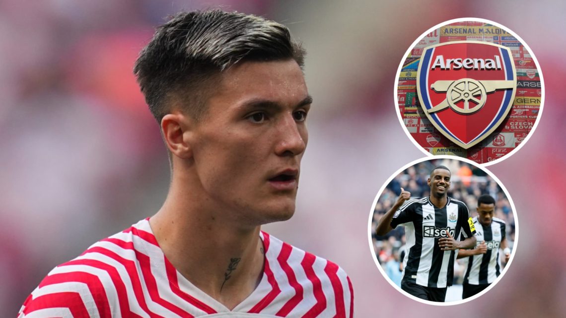 RB Leipzig striker Benjamin Sesko during Bundesliga match. Inset of Arsenal badge and Newcastle United's Alexander Isak.