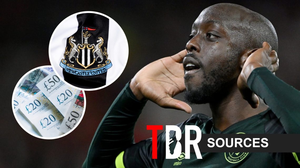 Yoane Wissa cups ears to fans (right), Newcastle United badge and British bank notes overlay (left)
