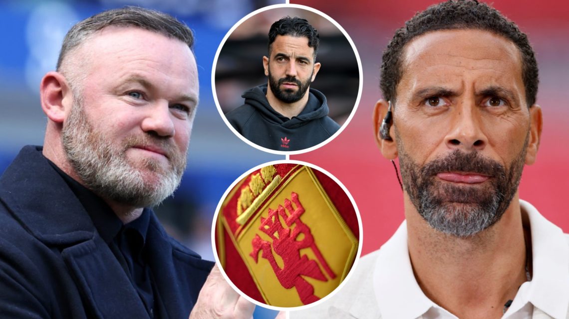 Wayne Rooney (left) looks on, Rio Ferdinand (right) stares at camera with Manchester United badge and Ruben Amorim (centre)