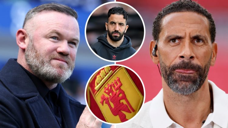 Wayne Rooney (left) looks on, Rio Ferdinand (right) stares at camera with Manchester United badge and Ruben Amorim (centre)