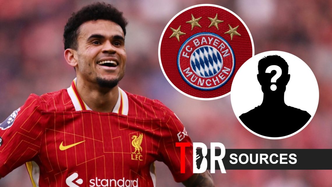 Luis Diaz of Liverpool looks on (left) and the Bayern Munich badge (right) with mysery player overlay