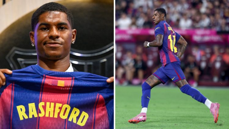 Marcus Rashford of Barcelona poses with shirt (left), Marcus Rashford jogs for Barcelona (right)