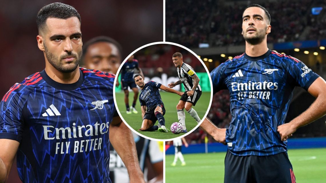 Mikel Merino of Arsenal celebrates (left and right) and Merino wins a tackle against Newcastle (centre)