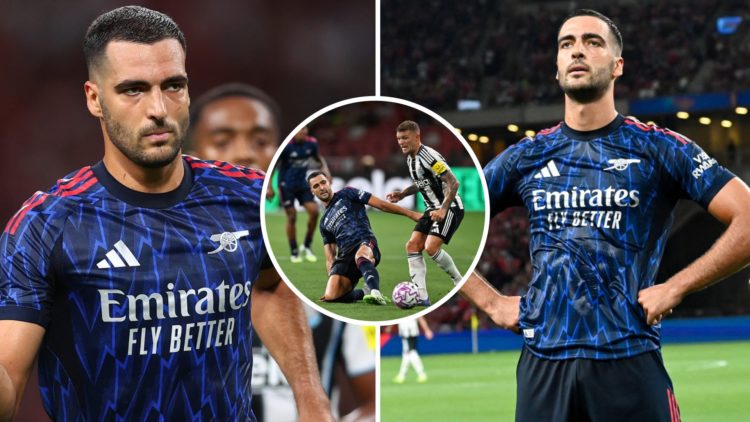 Mikel Merino of Arsenal celebrates (left and right) and Merino wins a tackle against Newcastle (centre)