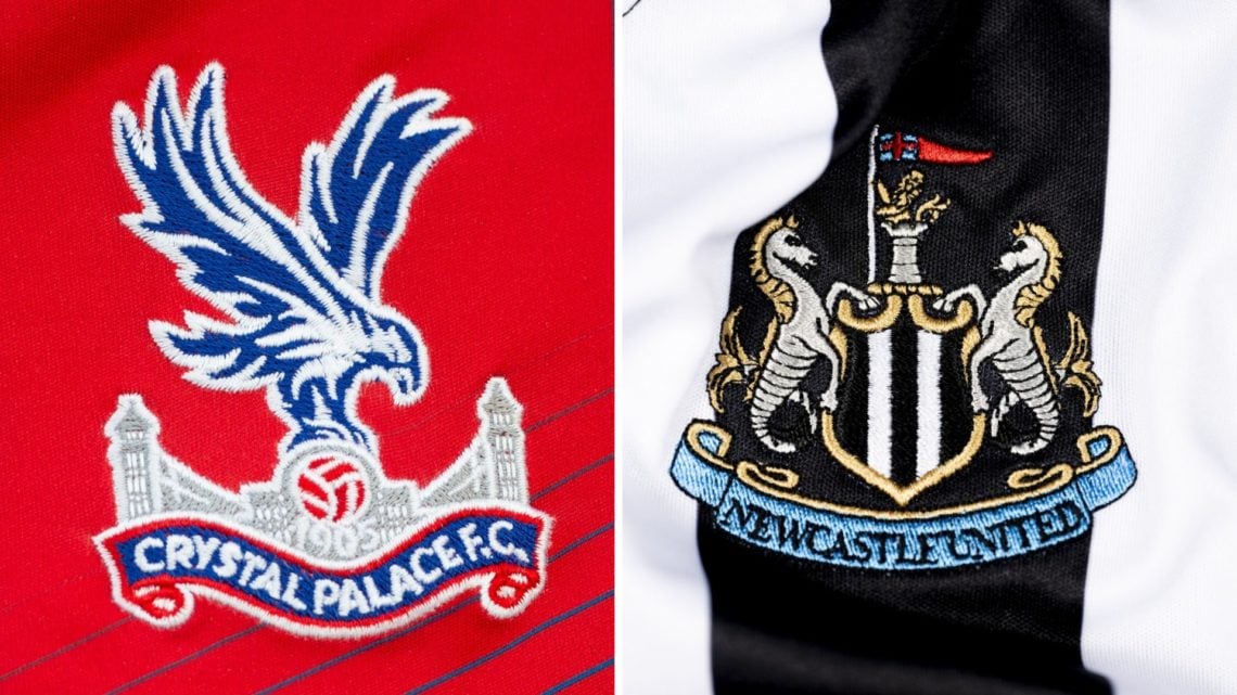 Split image of the Crystal Palace badge and the Newcastle badge