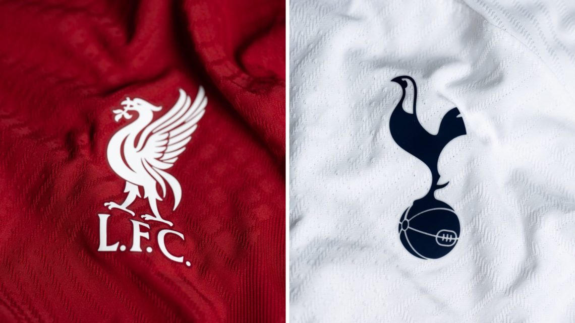 Split image of the Liverpool badge and the Tottenham badge