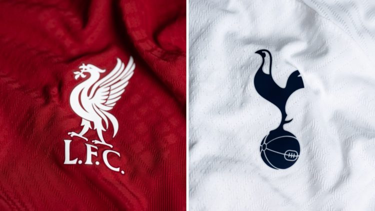 Split image of the Liverpool badge and the Tottenham badge