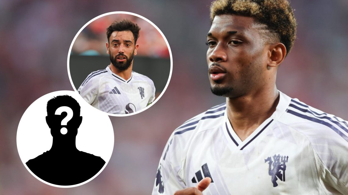 Amad Diallo and Bruno Fernandes of Manchester United look on with a mystery player overlay