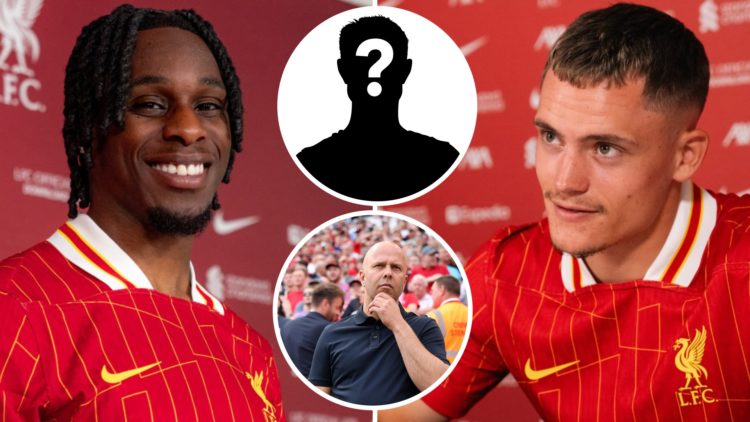Florian Wirtz (right) signs Liverpool contract, Jeremie Frimpong (left) poses as Liverpool player, Arne Slot looks on and mystery player overlay (c...