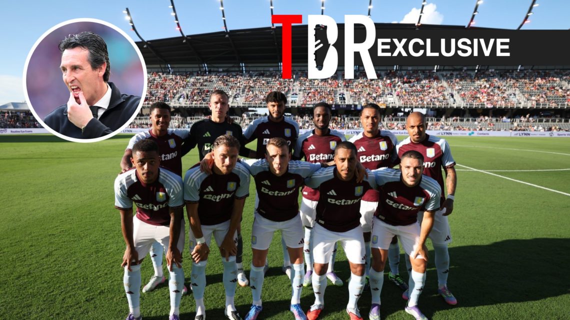 Aston Villa players pose for team photo, Unai Emery, TBR logo and exclusive tag inset