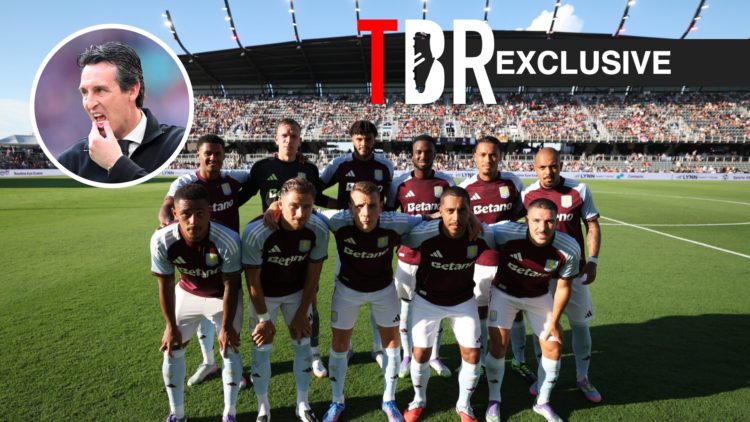 Aston Villa players pose for team photo, Unai Emery, TBR logo and exclusive tag inset