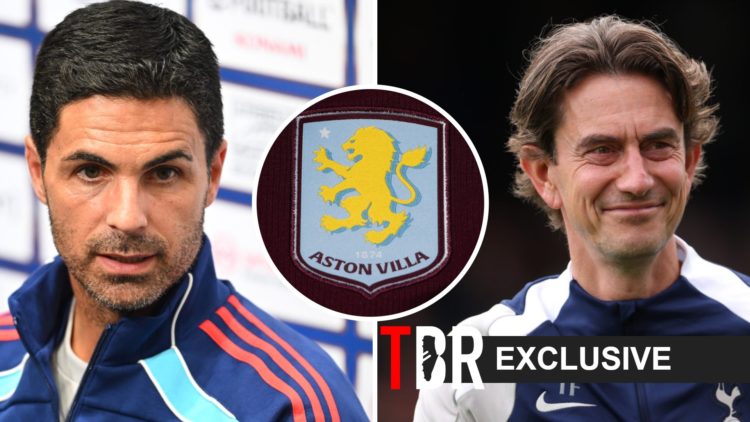 Thomas Frank (right) and Mikel Arteta (left) with Aston Villa badge (centre)