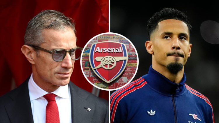 Split image of Arsenal sporting director Andrea Berta (L) ahead of Premier League match and Arsenal defender William Saliba (R) ahead of Champions ...