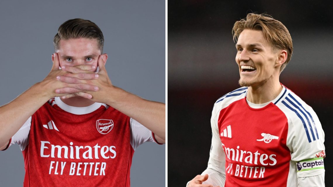 Split image of Arsenal striker Viktor Gyokeres (L) doing his celebration and Arsenal captain Martin Odegaard (R) during Premier League match.