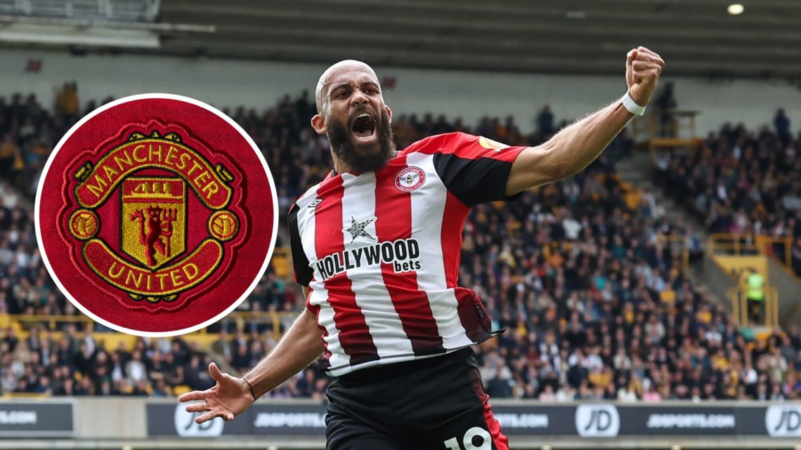 Bryan Mbeumo celebrates after scoring for Brentford against Wolves, Manchester United badge inset