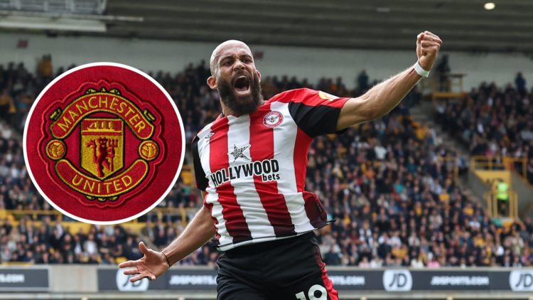 Bryan Mbeumo celebrates after scoring for Brentford against Wolves, Manchester United badge inset