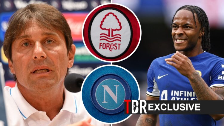 Antonio Conte (left) and Raheem Sterling (right) Nottingham Forest and Napoli badge (centre)