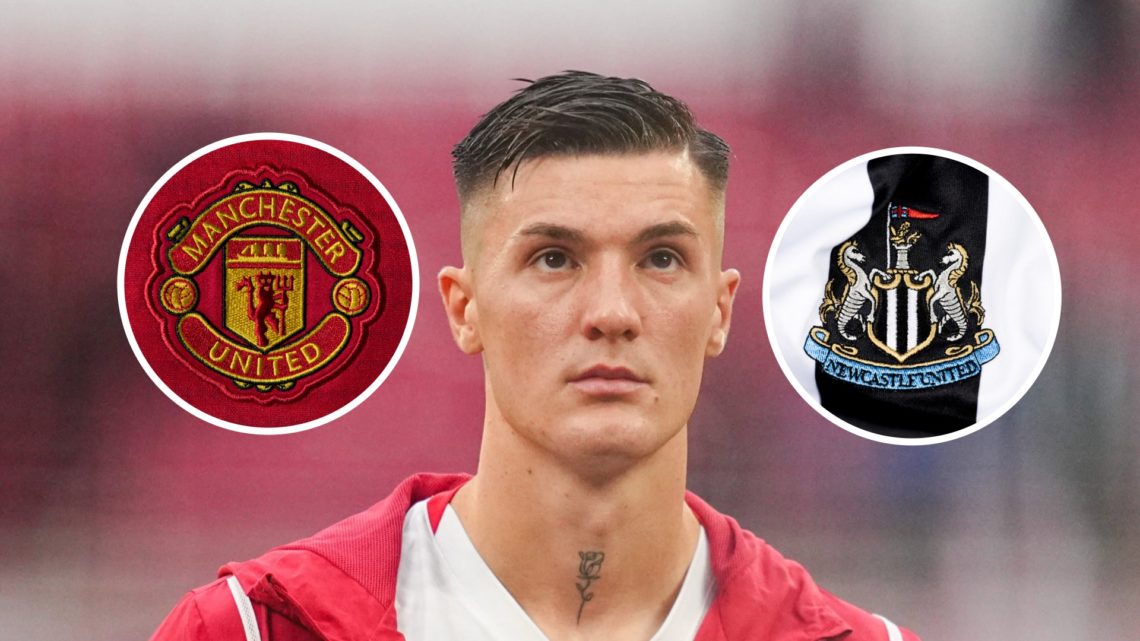 Image of Benjamin Sesko in action for RB Leipzig, Manchester United badge and Newcastle badge inset