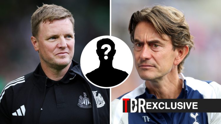 Split image of Eddie Howe and Thomas Frank, TBR logo, mystery figure and exclusive tag inset