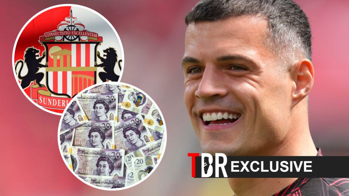 Granit Xhaka (right) looks on, Sunderland badge with money overlay