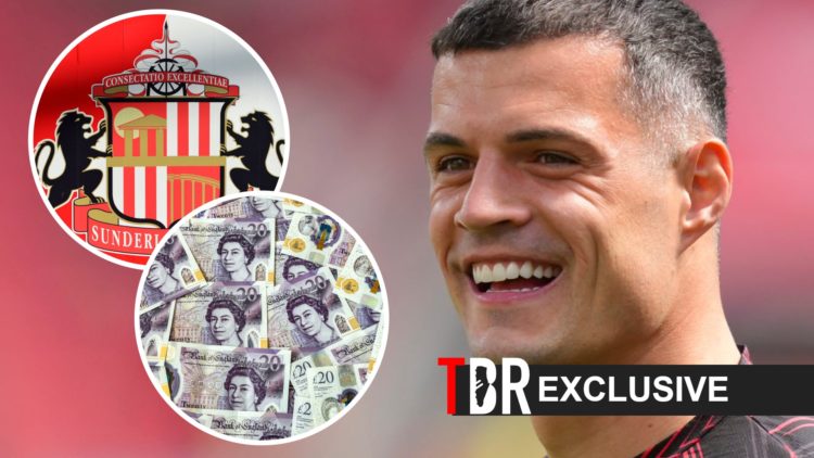 Granit Xhaka (right) looks on, Sunderland badge with money overlay