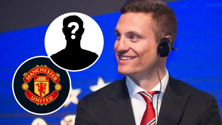 Manchester United legend Nemanja Vidic with insets of Manchester United badge and mystery silhouette