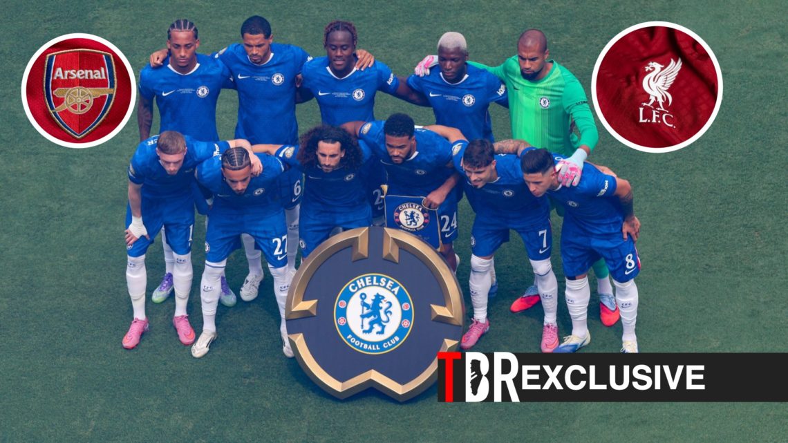 Chelsea players pose for a team photo before the FIFA Club World Cup final against PSG, Liverpool badge, Arsenal badge, TBR logo and exclusive tag ...