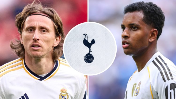 Luka Modric (left) looks on, Rodrygo (right) looks on and a Spurs badge (centre)