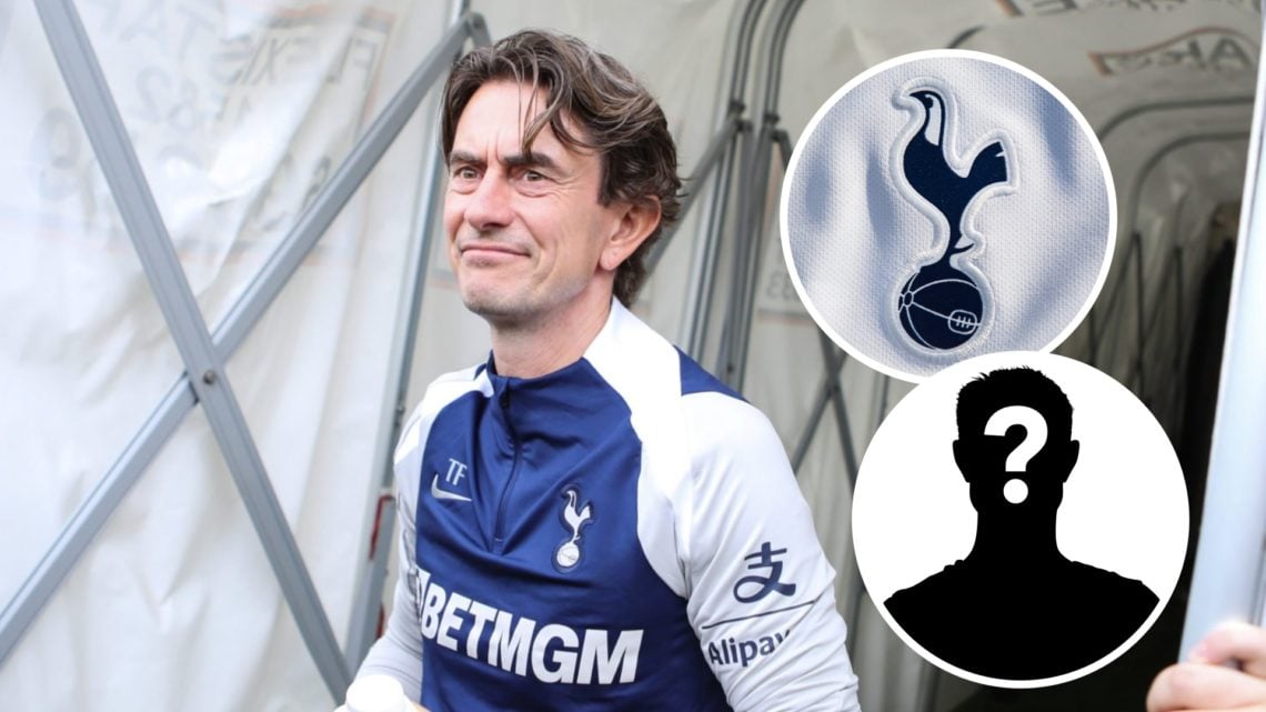 Tottenham Hotspur manager Thomas Frank ahead of match against Luton Town. Inset of Spurs badge and a mystery player.