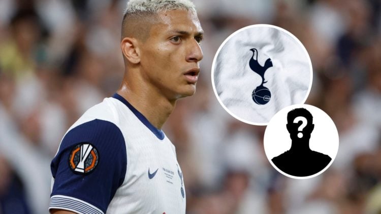 Richarlison in action for Tottenham during the 2025 Europa League final against Manchester United, Tottenham badge and mystery figure inset