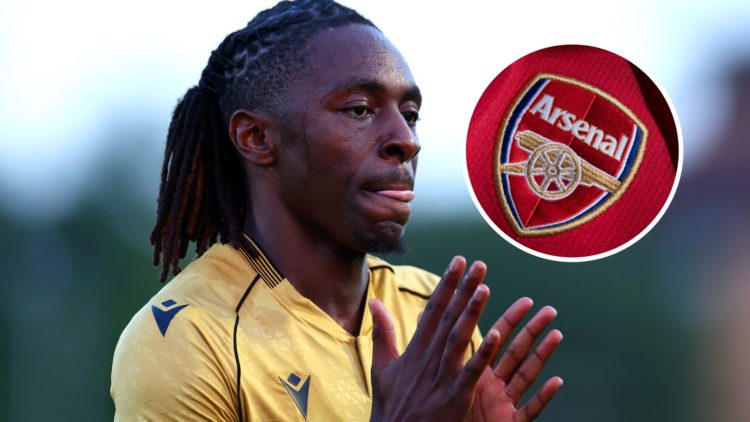 Eberechi Eze in action during a friendly between Crystal Palace and Crawley, Arsenal badge inset