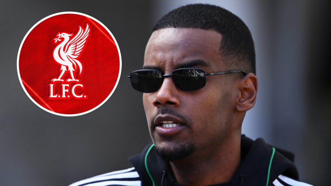 Newcastle United striker Alexander Isak ahead of Premier League match. Inset of Liverpool badge.