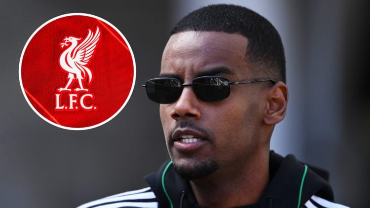 Newcastle United striker Alexander Isak ahead of Premier League match. Inset of Liverpool badge.